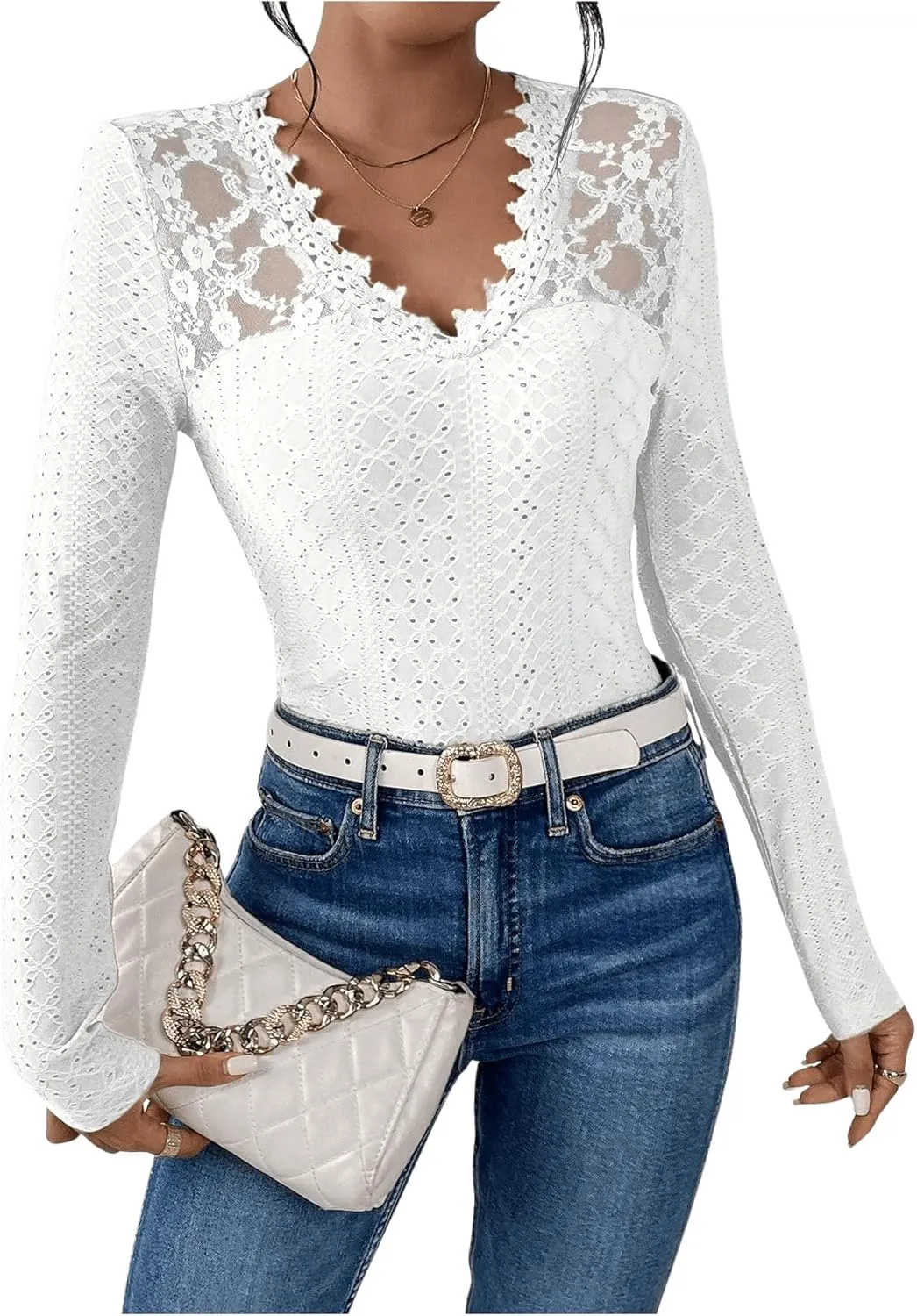SOLY HUX Women's Lace Trim Tee Shirt Long Sleeve Eyelet Tops Casual V Neck Slim Fit Shirts Fall Outfit Clothes