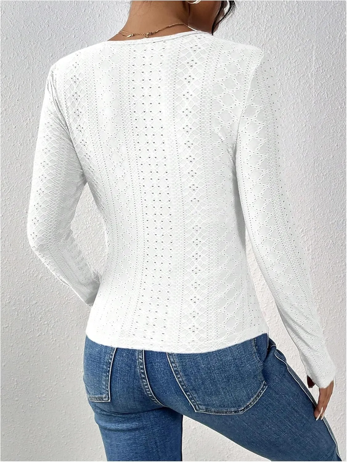 SOLY HUX Women's Lace Trim Tee Shirt Long Sleeve Eyelet Tops Casual V Neck Slim Fit Shirts Fall Outfit Clothes