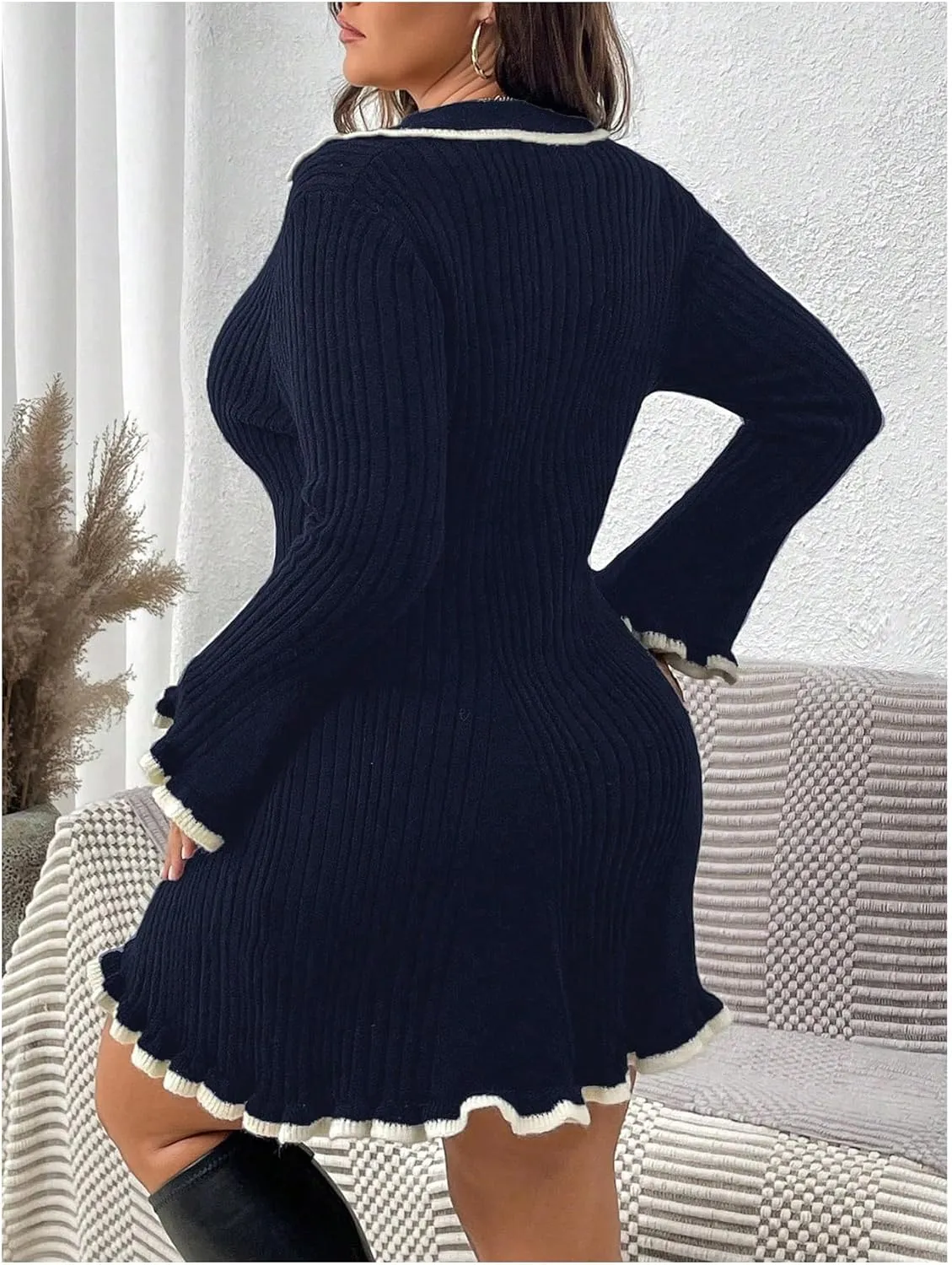 SOLY HUX Women's Plus Size Long Sleeve Knitted Sweater Dress Half Button Down Collar Bodycon Mini Dresses