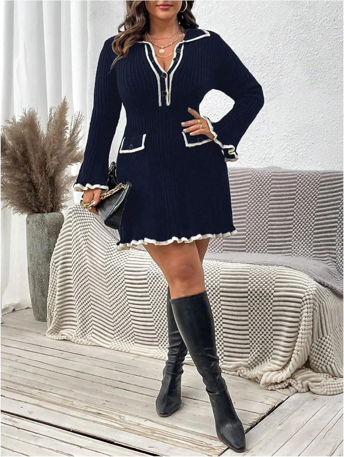 SOLY HUX Women's Plus Size Long Sleeve Knitted Sweater Dress Half Button Down Collar Bodycon Mini Dresses