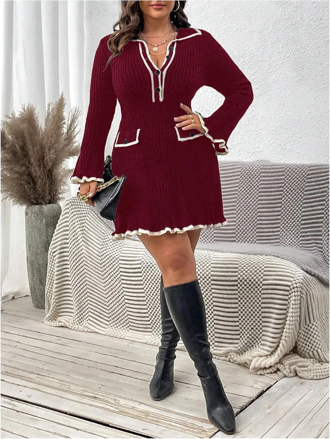 SOLY HUX Women's Plus Size Long Sleeve Knitted Sweater Dress Half Button Down Collar Bodycon Mini Dresses