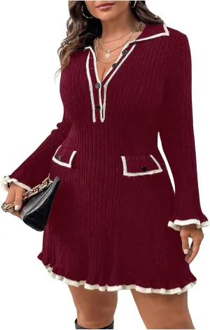 SOLY HUX Women's Plus Size Long Sleeve Knitted Sweater Dress Half Button Down Collar Bodycon Mini Dresses