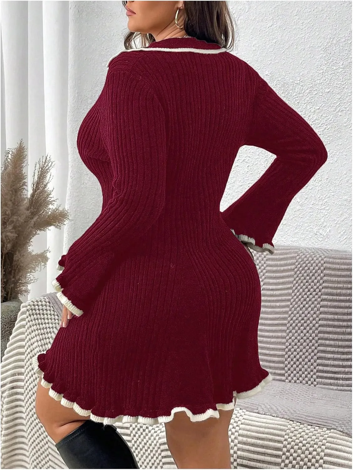SOLY HUX Women's Plus Size Long Sleeve Knitted Sweater Dress Half Button Down Collar Bodycon Mini Dresses
