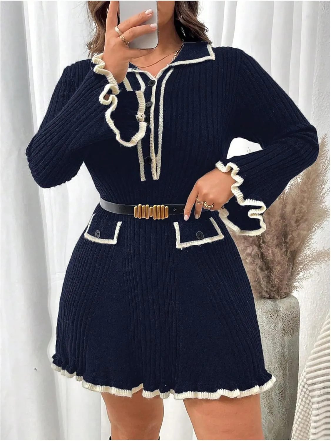 SOLY HUX Women's Plus Size Long Sleeve Knitted Sweater Dress Half Button Down Collar Bodycon Mini Dresses