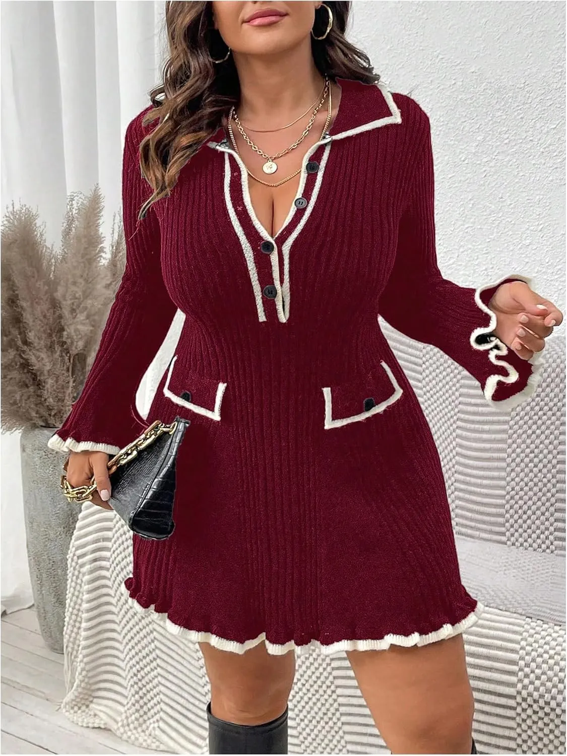 SOLY HUX Women's Plus Size Long Sleeve Knitted Sweater Dress Half Button Down Collar Bodycon Mini Dresses