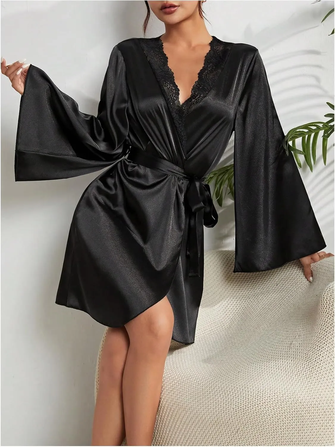 SOLY HUX Women's Silk Satin Robe Lace Trim V Neck Long Sleeve Belted Kimono Robes Sleepwear