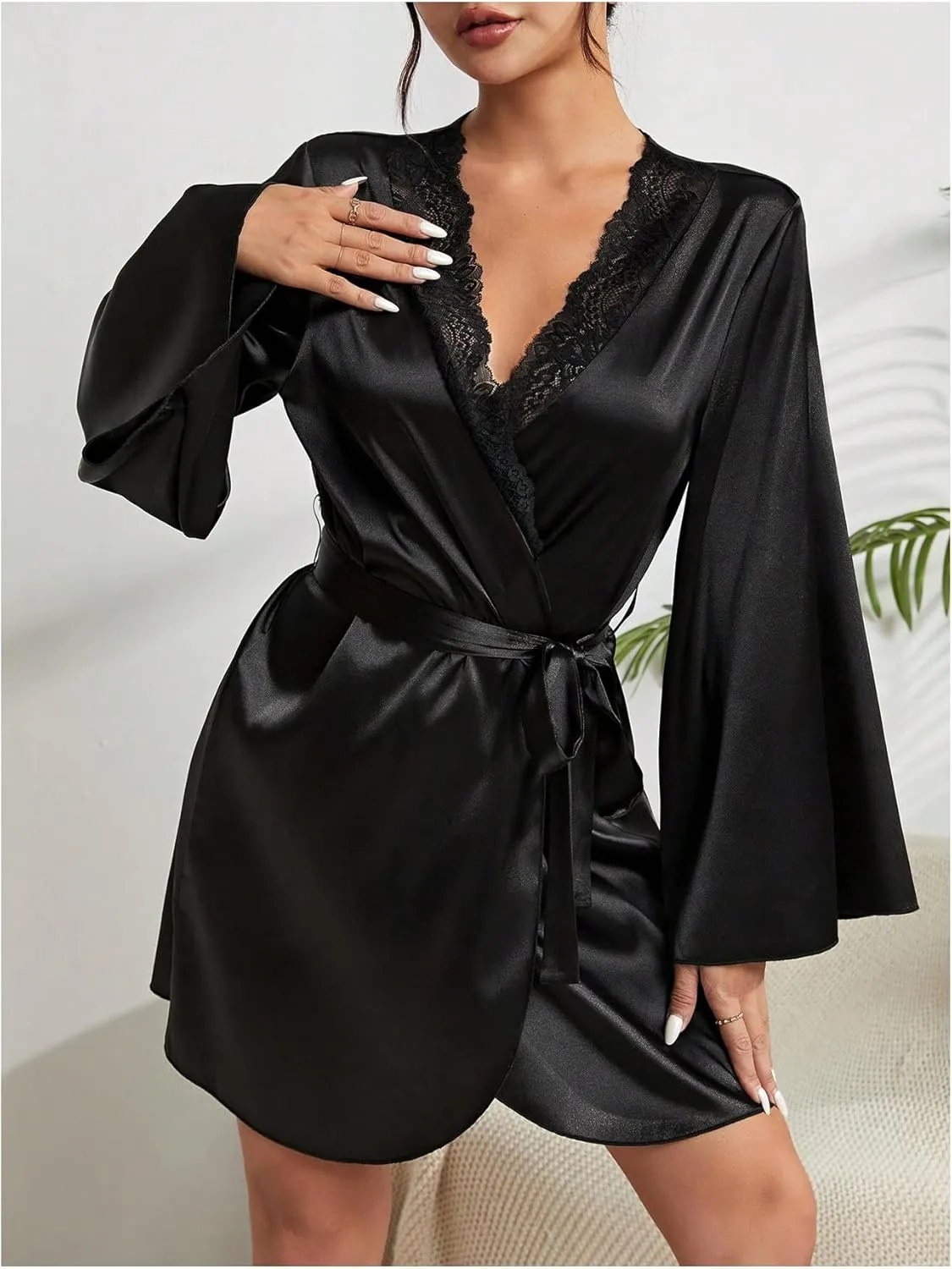 SOLY HUX Women's Silk Satin Robe Lace Trim V Neck Long Sleeve Belted Kimono Robes Sleepwear