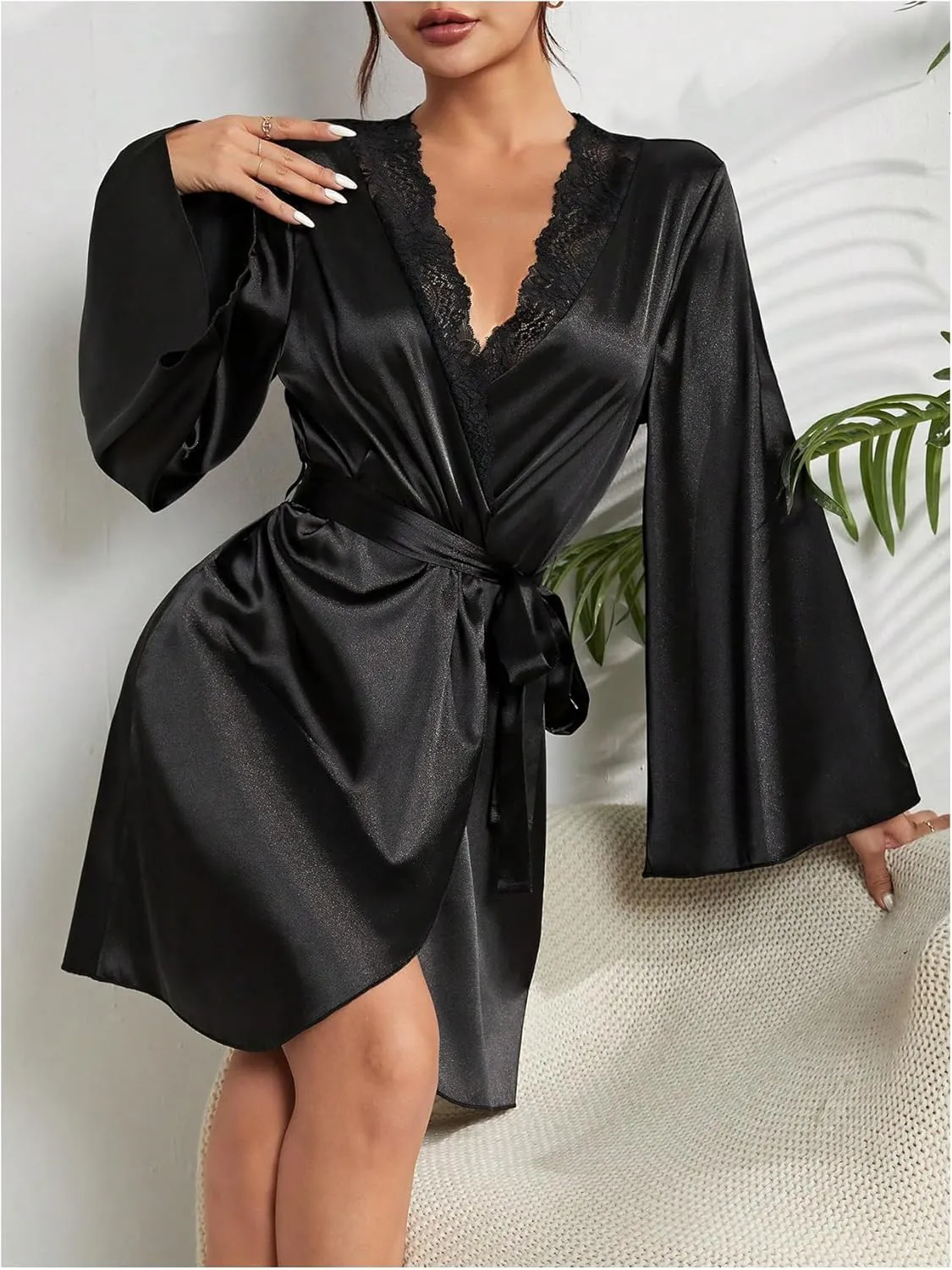 SOLY HUX Women's Silk Satin Robe Lace Trim V Neck Long Sleeve Belted Kimono Robes Sleepwear