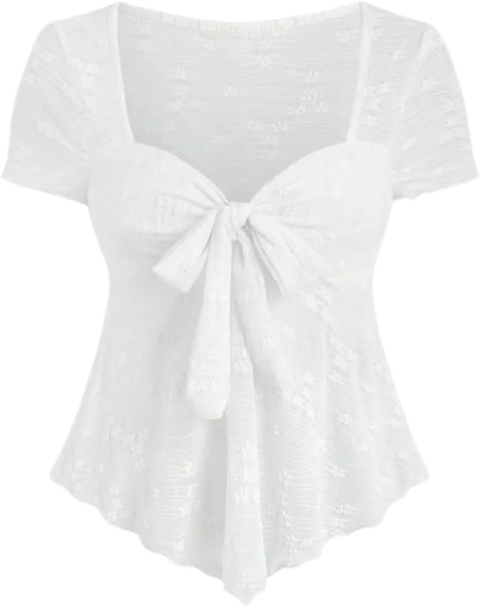 SOLY HUX Women's Y2k Mesh Short Sleeve Shirts Bowknot Deep V Neck Going Out Tee Tops