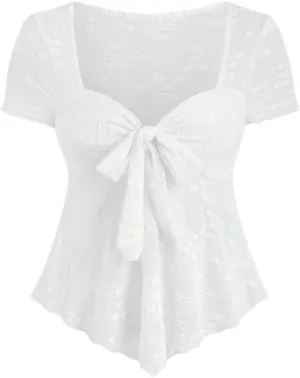 SOLY HUX Women's Y2k Mesh Short Sleeve Shirts Bowknot Deep V Neck Going Out Tee Tops