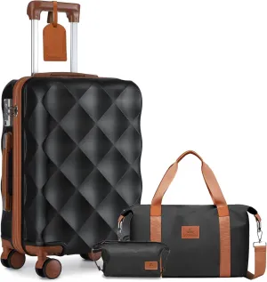 Somago Luggage Sets 20in Carry on Suitcase with TSA Lock YKK Zipper Spinner Wheels ABS Hardside Luggage 3 Piece Weekender Bags Travel Set,Black