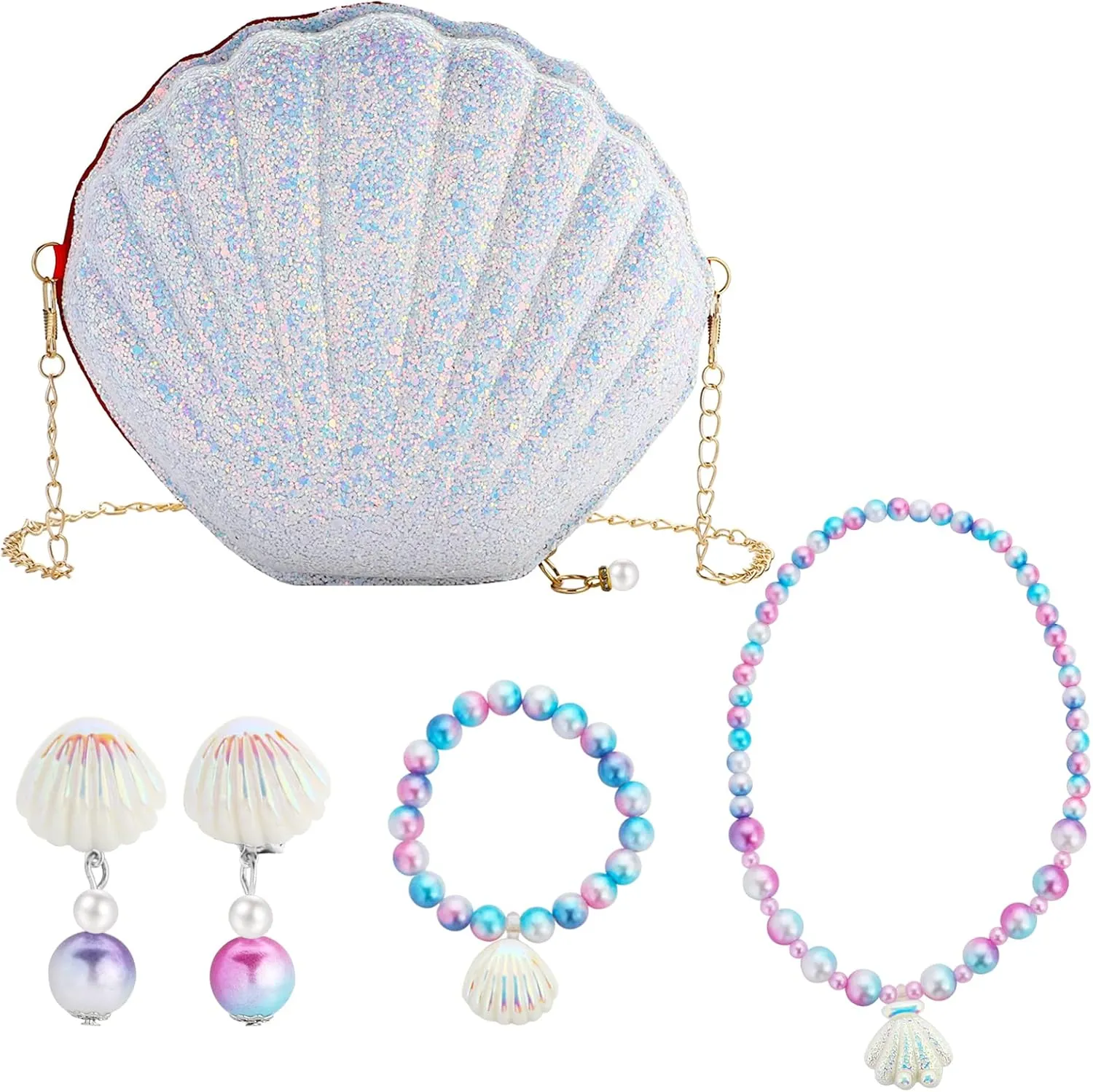 SOTOGO 6 Pieces Little Girls Purse Jewelry Set Toddler Shell Purse Cute Princess Handbags Shoulder Messenger Bag for Kids CrossBody Bag Dress Up Girls Jewelry Pretend Play