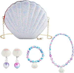 SOTOGO 6 Pieces Little Girls Purse Jewelry Set Toddler Shell Purse Cute Princess Handbags Shoulder Messenger Bag for Kids CrossBody Bag Dress Up Girls Jewelry Pretend Play