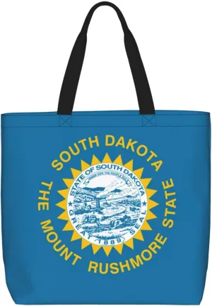 South Dakota Flag Print Women Reuseable Handbag, Grocery Bag Foldable For Shopping Travel Activity