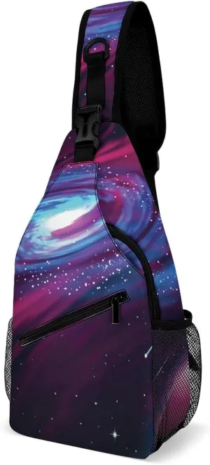 Space Galaxy Planet Sling Bag for Women Men Purple Sky Crossbody Shoulder Bag with Anti Theft,Multipurpose Chest Bag for Travel,Hiking,Cycling,Camping