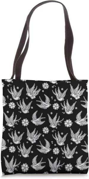 Sparrows and flowers American Traditional Tattoo Flash Print Tote Bag