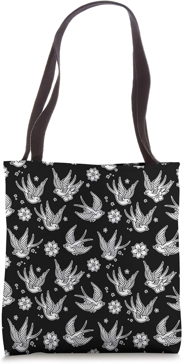Sparrows and flowers American Traditional Tattoo Flash Print Tote Bag