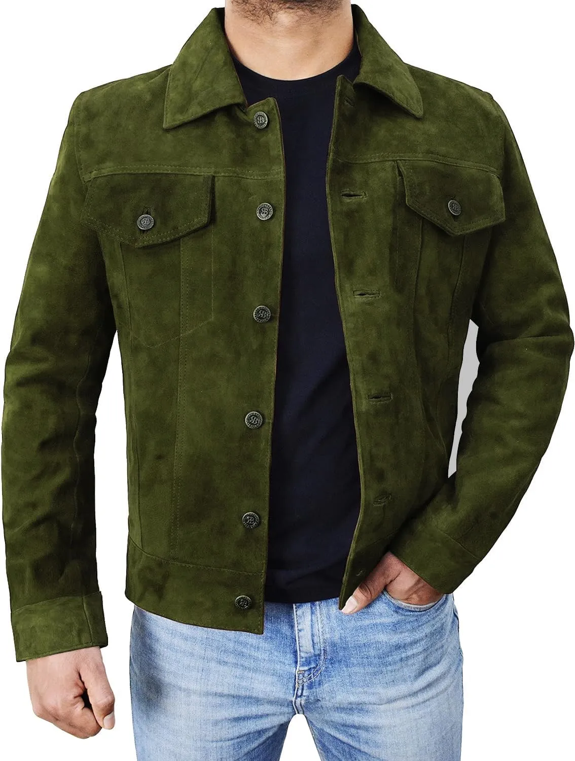SpazeUp Mens Logan Trucker Jacket Brown Suede Leather Western Cowboy Coat - Premium Suede Leather Casual Outerwear