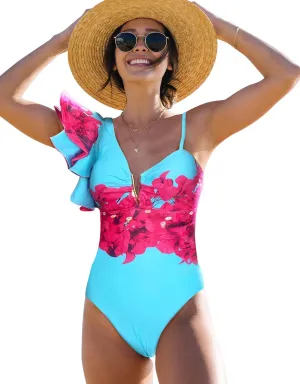 SPORLIKE Women One Piece Swimsuit Ruffle One Shoulder Bathing Suit Padded Monokini