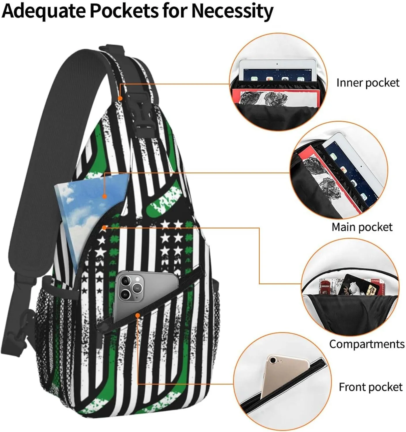 St Patrick's Day Irish Flag Shamrock Clover Sling Bag Crossbody Bag Casual Chest Bags Travel Shoulder Backpack