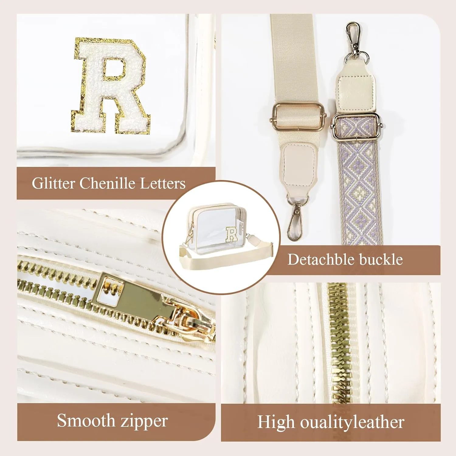 Stadium-Approved Clear Initial Purse, Crossbody Bag for Events, Concert and Sports,Adjustable Strap