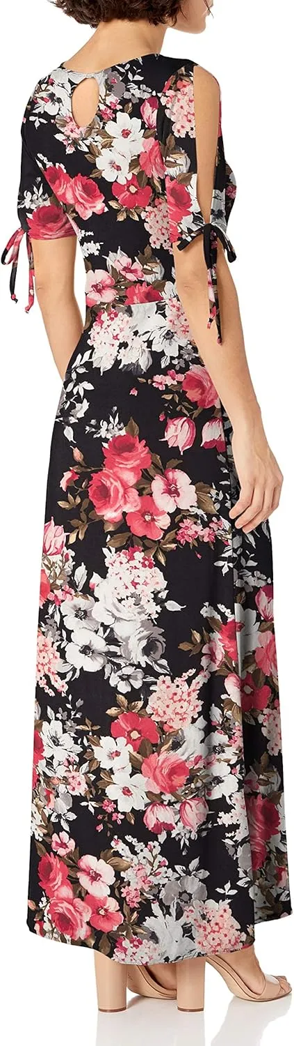 Star Vixen Women's Petite Short/Slit Sleeve Keyhole-Back Skater Seam Maxi Dress
