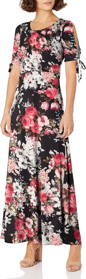 Star Vixen Women's Petite Short/Slit Sleeve Keyhole-Back Skater Seam Maxi Dress