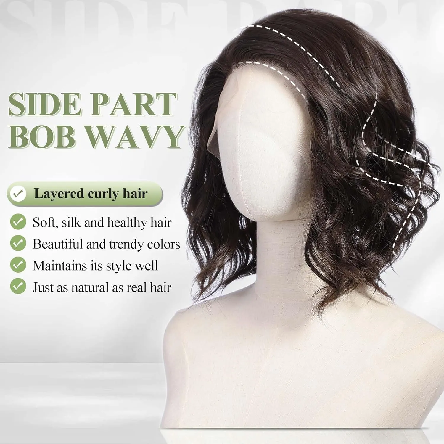 starluck Side Part Wavy Wig Dark Brown Layered Lace Front Bob Wig 14 Inch Shoulder Length Heat Resistant Synthetic Wig for White Women