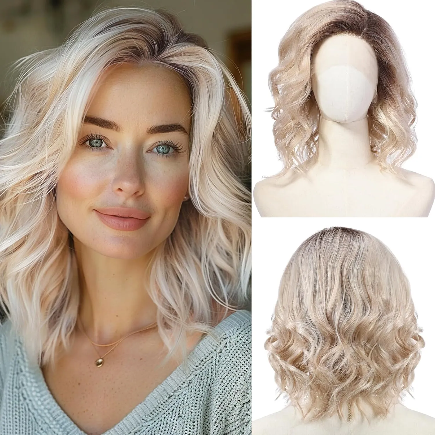 starluck Side Part Wavy Wig Light Blonde with Brown Root Layered Lace Front Bob Wig 14 Inch Shoulder Length Heat Resistant Synthetic Wig for White Women