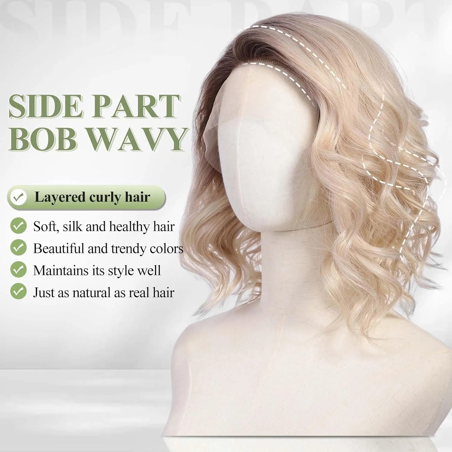 starluck Side Part Wavy Wig Light Blonde with Brown Root Layered Lace Front Bob Wig 14 Inch Shoulder Length Heat Resistant Synthetic Wig for White Women