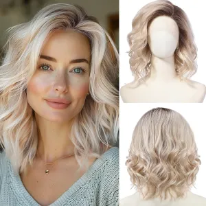 starluck Side Part Wavy Wig Light Blonde with Brown Root Layered Lace Front Bob Wig 14 Inch Shoulder Length Heat Resistant Synthetic Wig for White Women