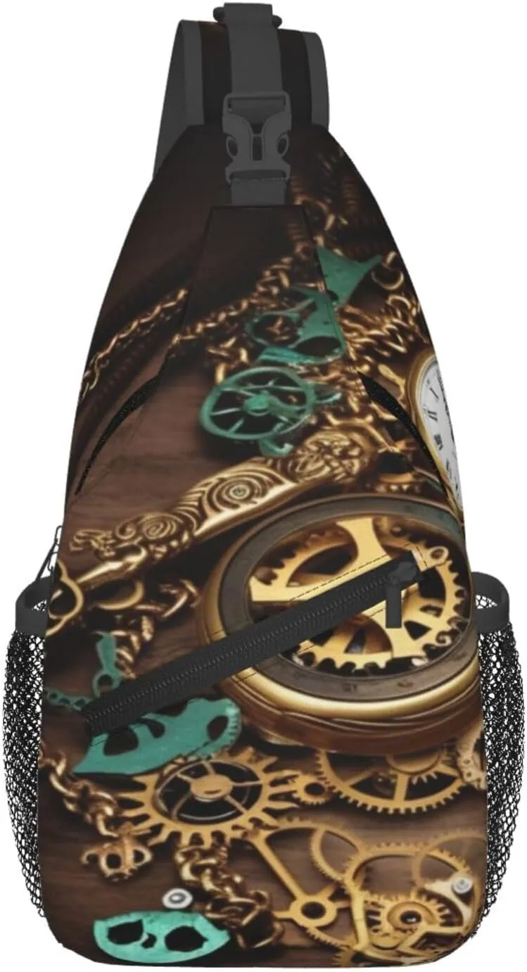 Steampunk Watches Keys and Chains Crossbody Bags for Men Women Fashion Sling Backpack Casual Chest Bag Travel Hiking Daypack