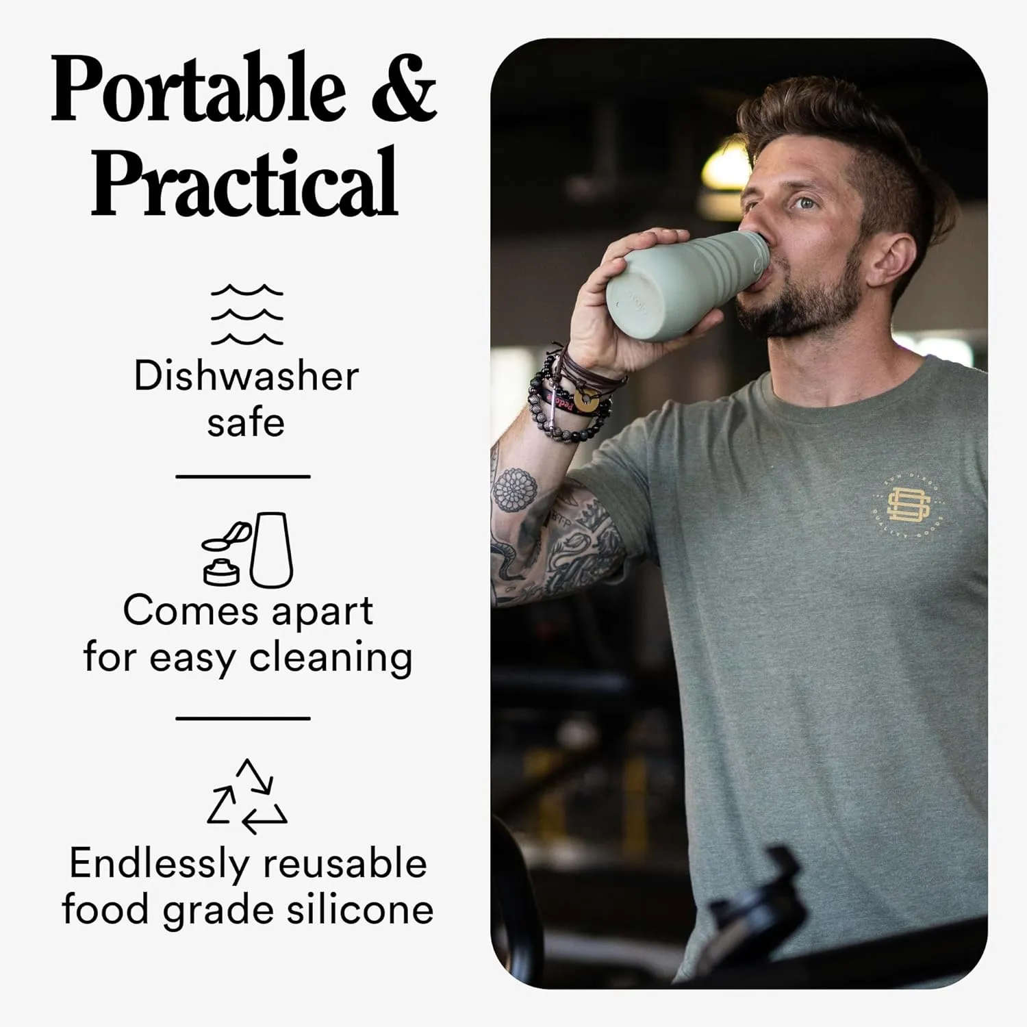 STOJO Collapsible Water Bottle – Carbon Gray, 20oz / 592ml - Leak-Proof Reusable Silicone Travel Cup for Hot & Cold Drinks - Microwave & Dishwasher Safe
