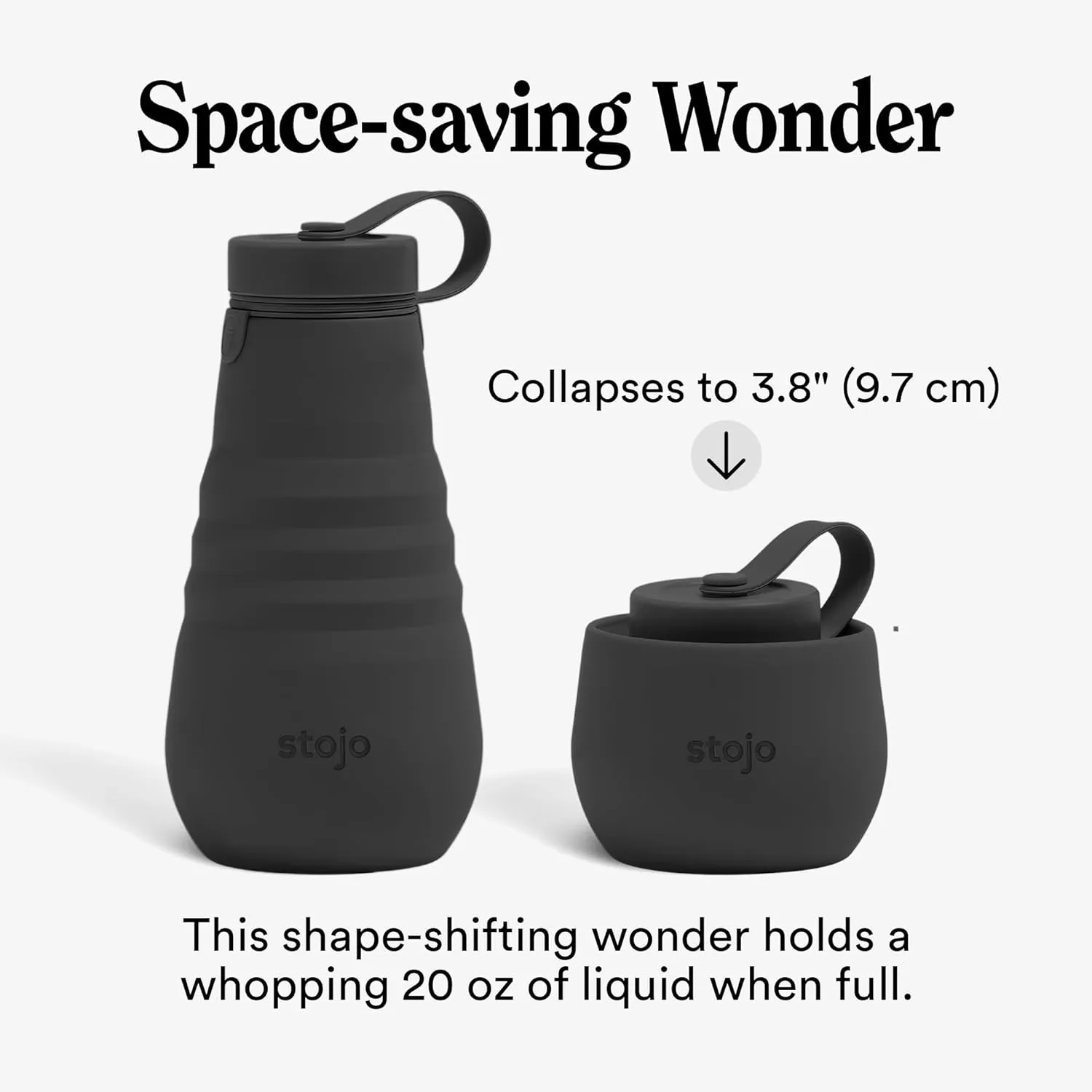 STOJO Collapsible Water Bottle – Carbon Gray, 20oz / 592ml - Leak-Proof Reusable Silicone Travel Cup for Hot & Cold Drinks - Microwave & Dishwasher Safe