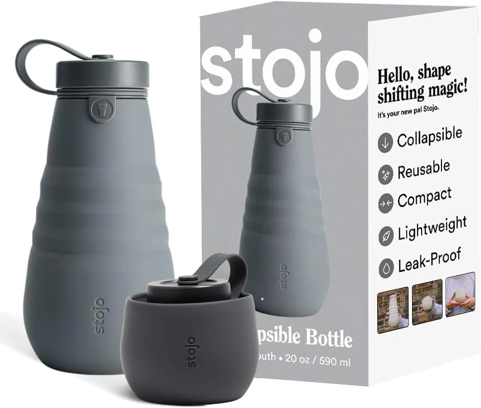 STOJO Collapsible Water Bottle – Carbon Gray, 20oz / 592ml - Leak-Proof Reusable Silicone Travel Cup for Hot & Cold Drinks - Microwave & Dishwasher Safe