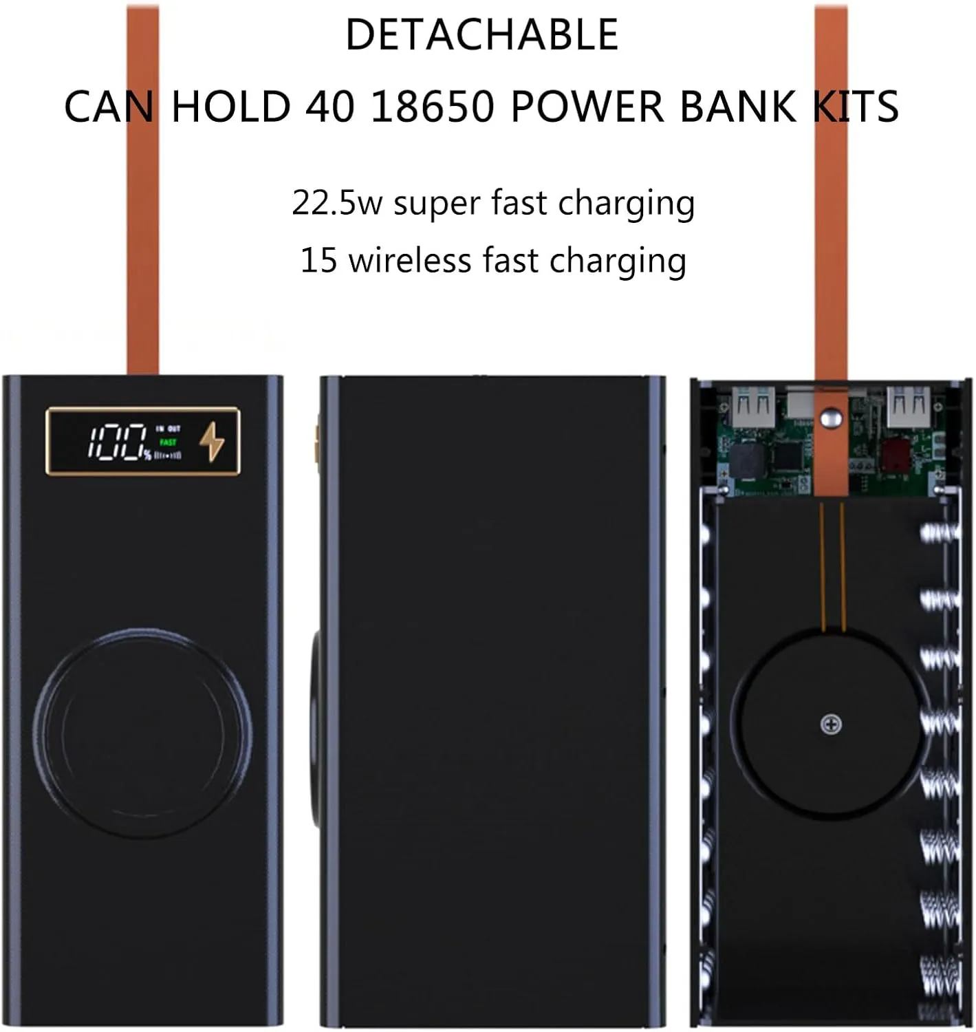 Storage Bags, Portable 18650 Battery Case Box Power Shell With Digital Display USB Quickly Charging Wireless Charging - Black - Normal version