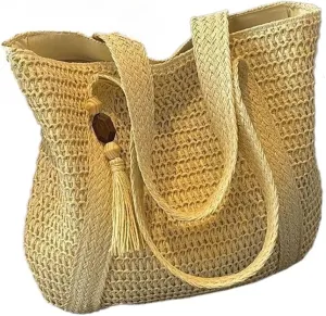 Straw Shoulder Bags for Women, Summer Beach Straw Woven Handbag with Tassel, Womens Handmade Tote Bag Purse