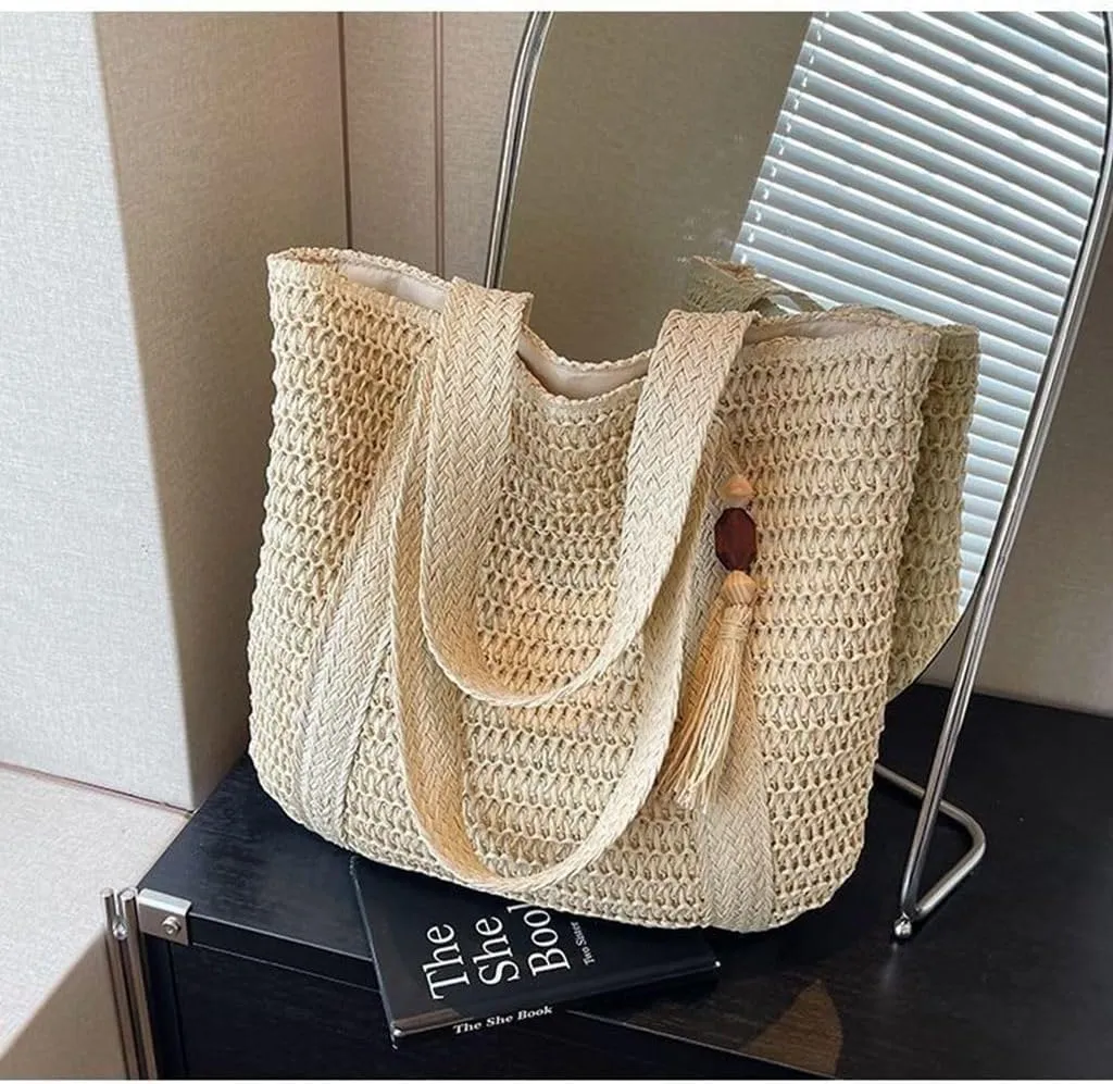 Straw Shoulder Bags for Women, Summer Beach Straw Woven Handbag with Tassel, Womens Handmade Tote Bag Purse