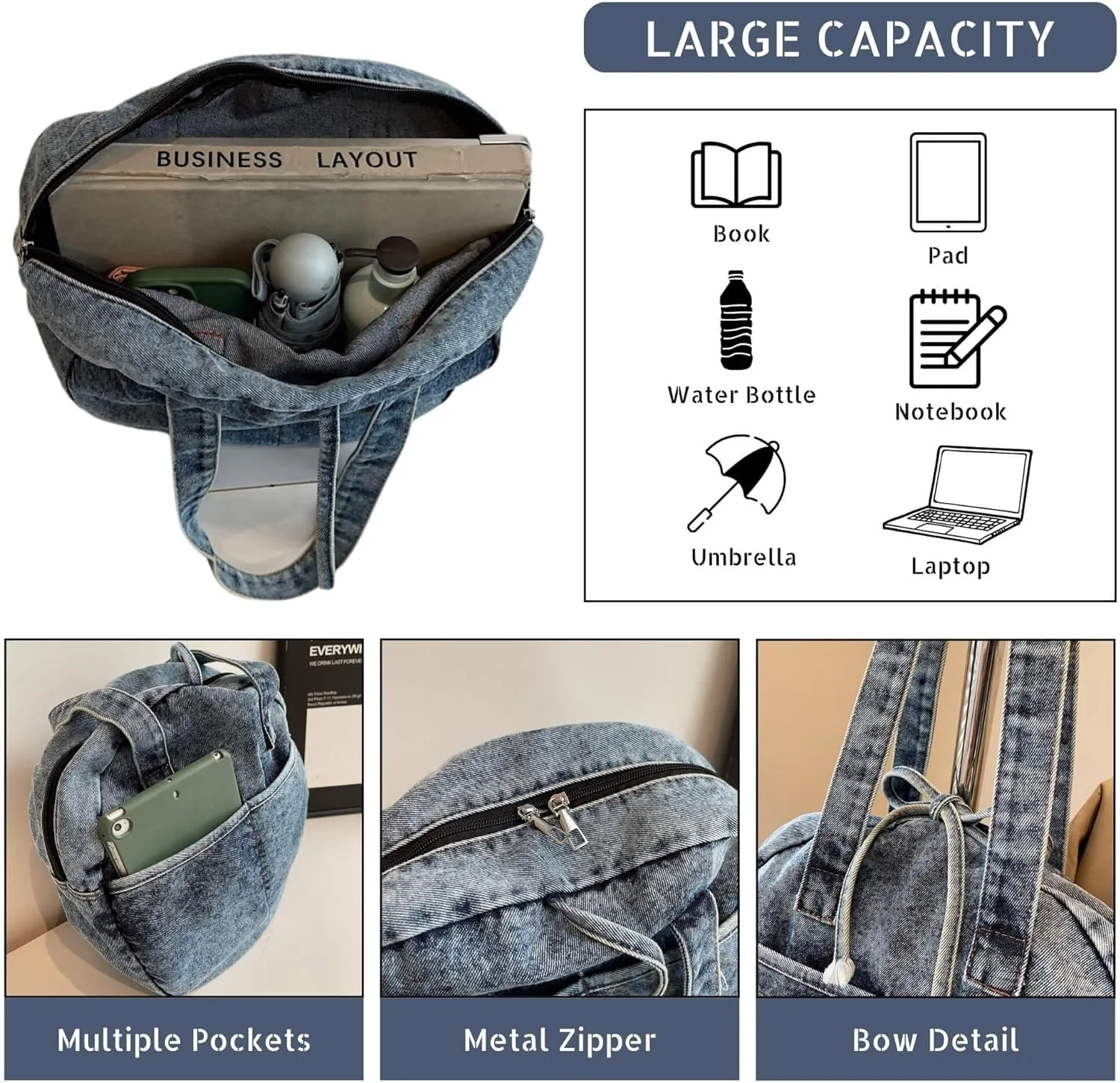 Stylish Round Denim Shoulder Bag with Bow, Lightweight Tote Bag for Women, Casual Retro Aesthetic Handbag for Work Travel