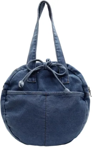Stylish Round Denim Shoulder Bag with Bow, Lightweight Tote Bag for Women, Casual Retro Aesthetic Handbag for Work Travel