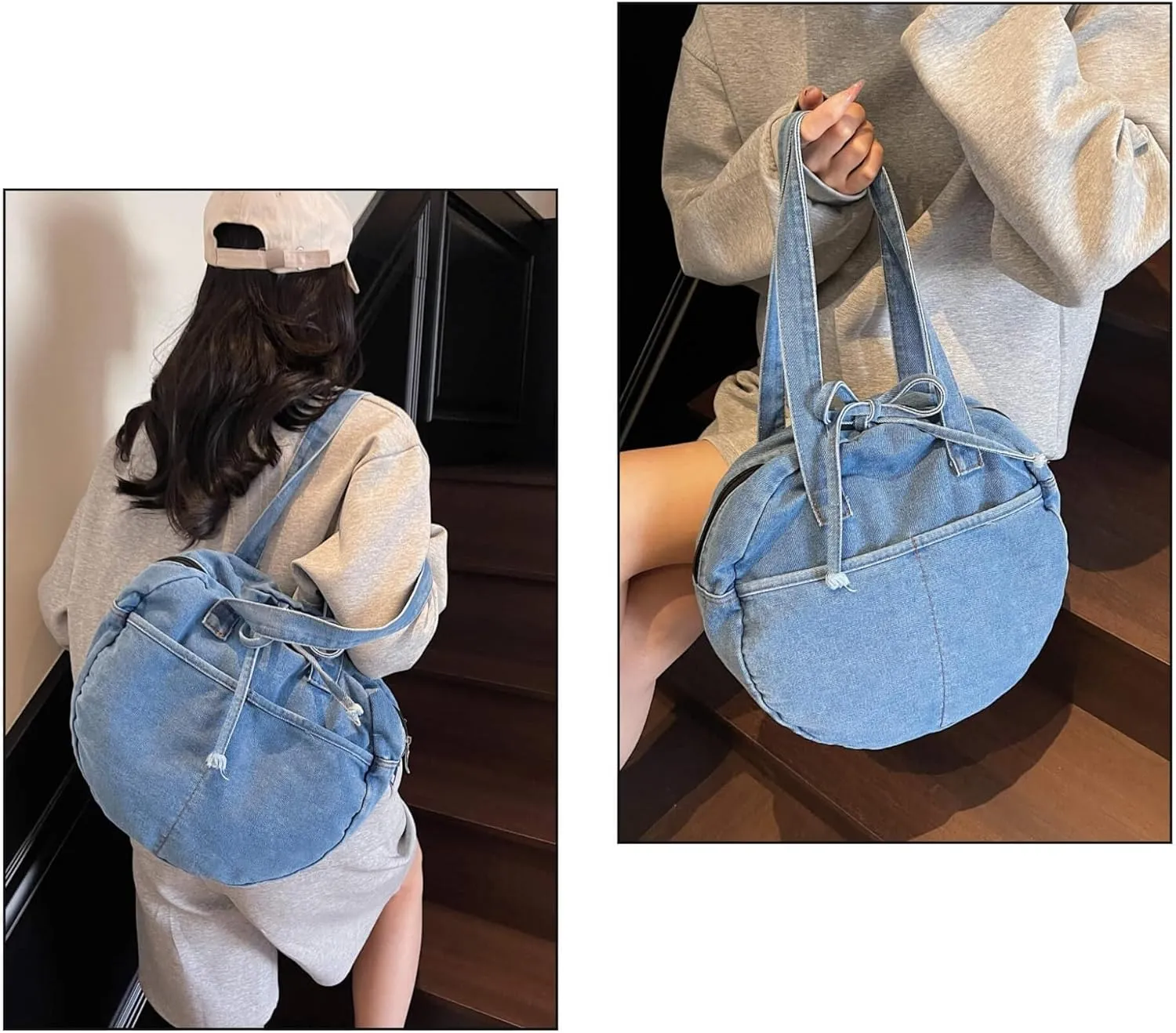 Stylish Round Denim Shoulder Bag with Bow, Lightweight Tote Bag for Women, Casual Retro Aesthetic Handbag for Work Travel
