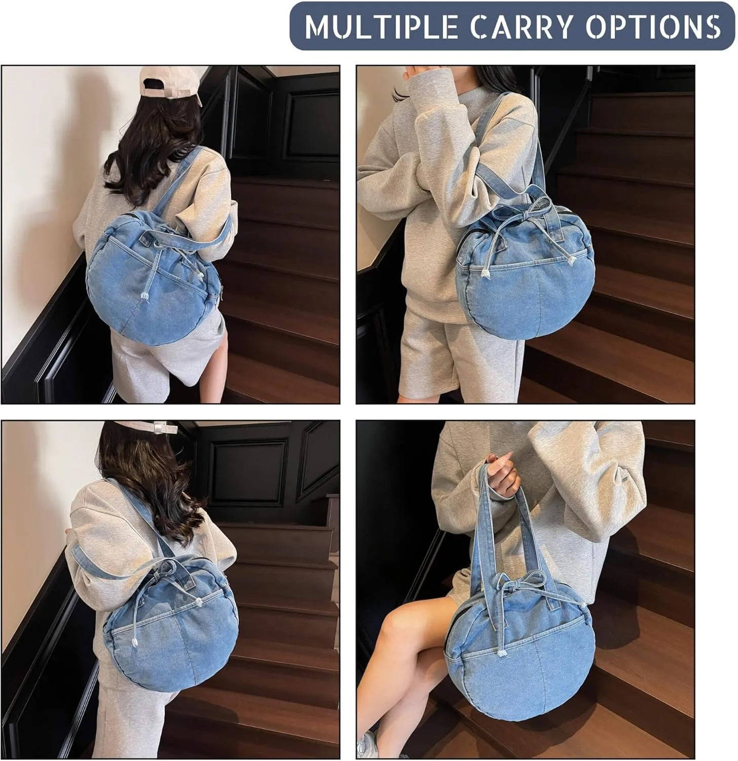 Stylish Round Denim Shoulder Bag with Bow, Lightweight Tote Bag for Women, Casual Retro Aesthetic Handbag for Work Travel