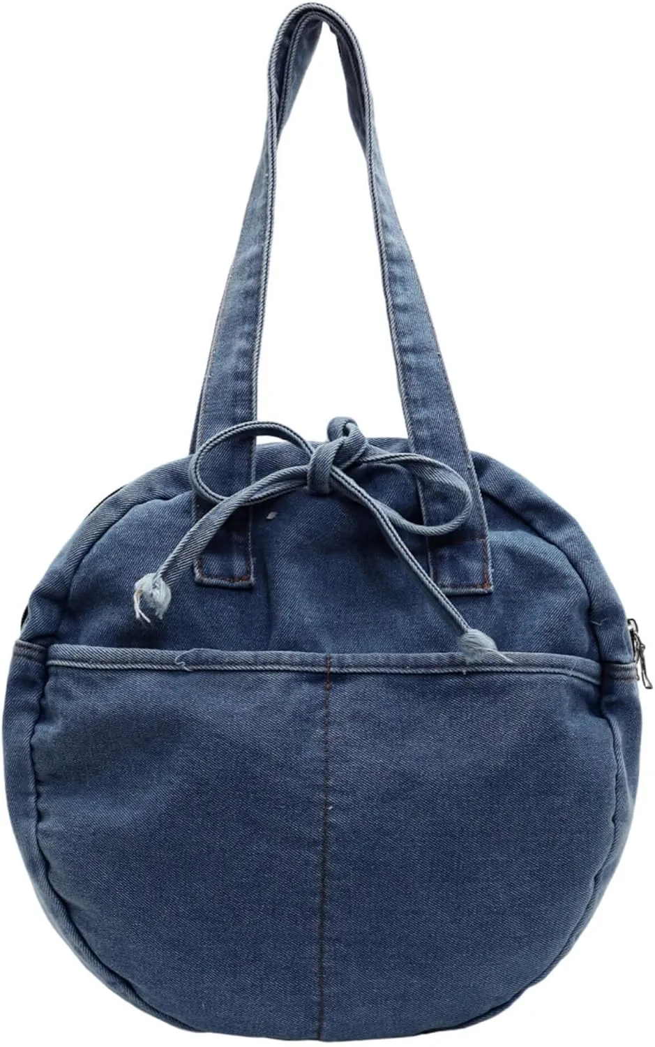 Stylish Round Denim Shoulder Bag with Bow, Lightweight Tote Bag for Women, Casual Retro Aesthetic Handbag for Work Travel