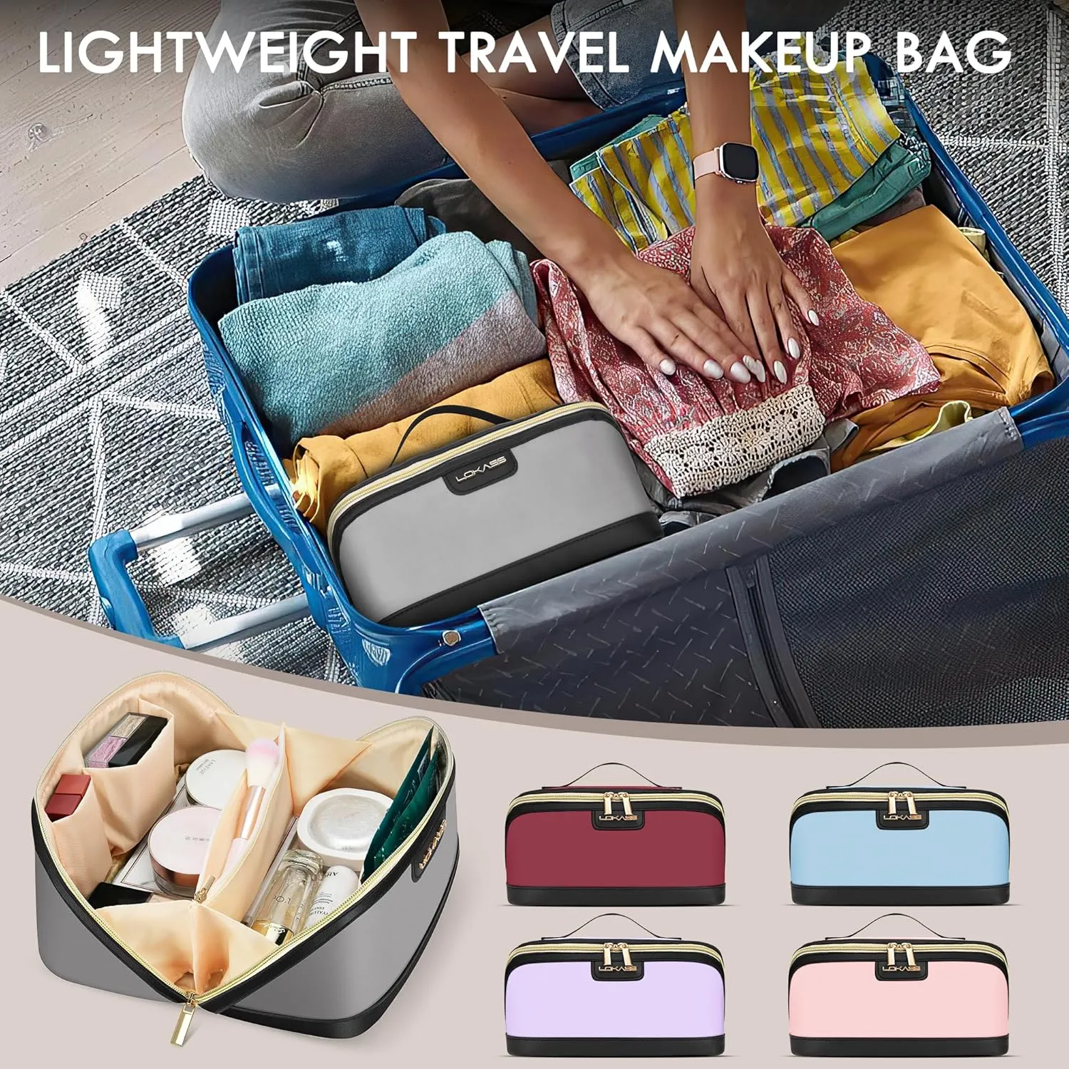 Stylish Travel Makeup Bag for Women - Large Capacity Waterproof PU & Cosmetic Organizer with Divider and Handle, Open Flat Toiletry Bag, Spring Break Essentials & Travel Accessories- Purple