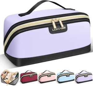 Stylish Travel Makeup Bag for Women - Large Capacity Waterproof PU & Cosmetic Organizer with Divider and Handle, Open Flat Toiletry Bag, Spring Break Essentials & Travel Accessories- Purple