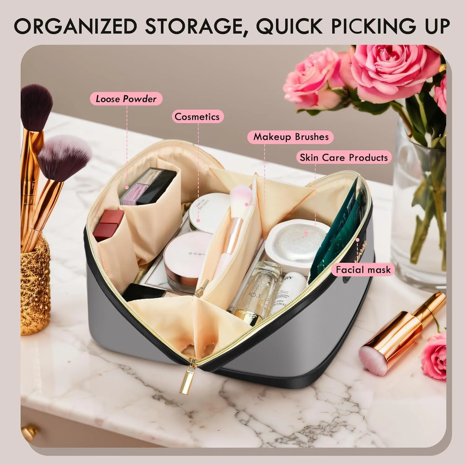 Stylish Travel Makeup Bag for Women - Large Capacity Waterproof PU & Cosmetic Organizer with Divider and Handle, Open Flat Toiletry Bag, Spring Break Essentials & Travel Accessories- Purple