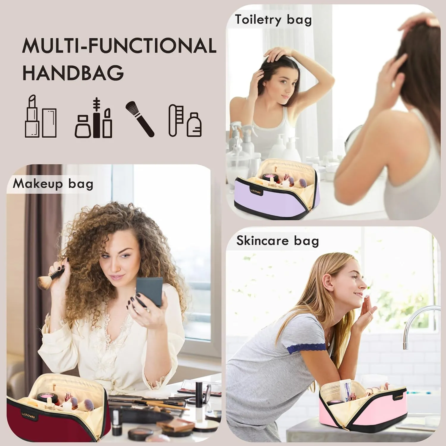 Stylish Travel Makeup Bag for Women - Large Capacity Waterproof PU & Cosmetic Organizer with Divider and Handle, Open Flat Toiletry Bag, Spring Break Essentials & Travel Accessories- Purple