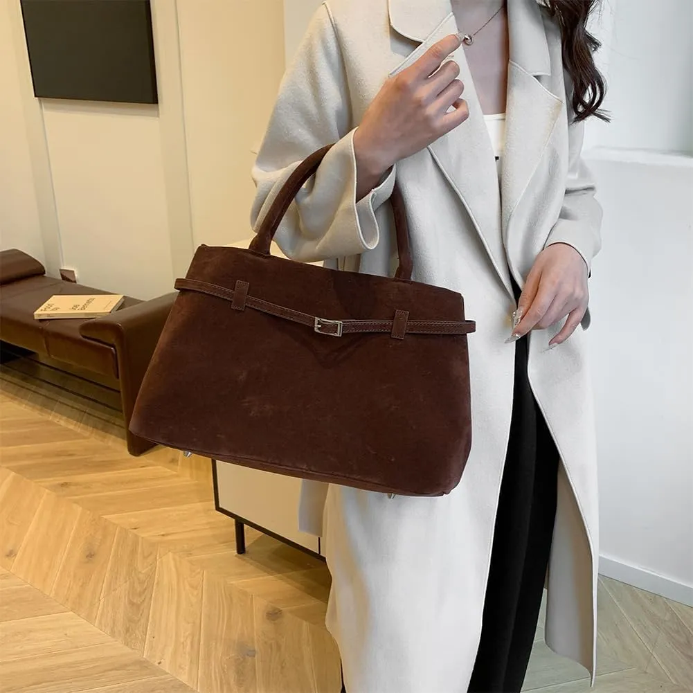 Suede Tote Bag for Women Slouchy Work Tote Bag Faux Suede Top Handle Bag Retro Brown Suede Handbag Purse