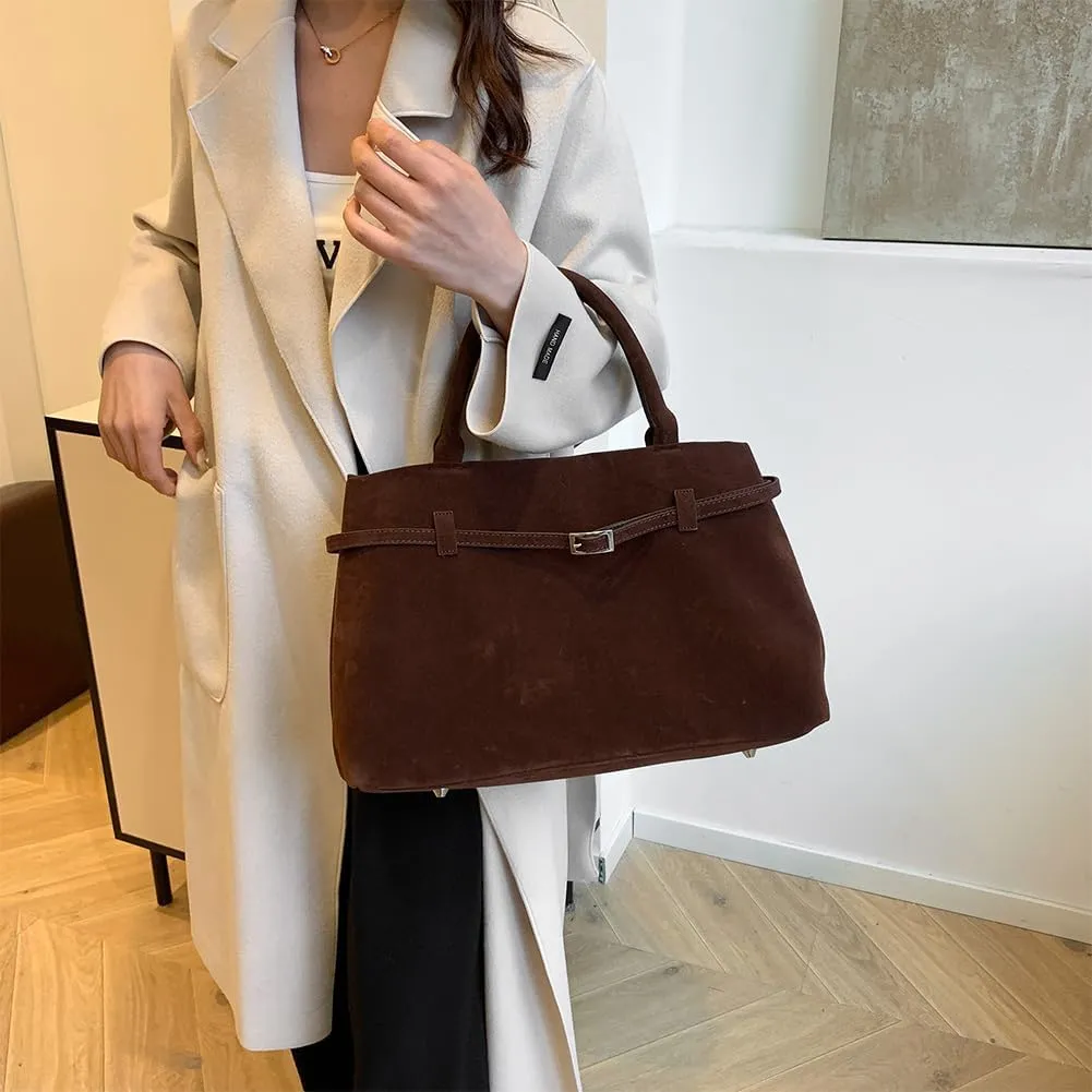 Suede Tote Bag for Women Slouchy Work Tote Bag Faux Suede Top Handle Bag Retro Brown Suede Handbag Purse