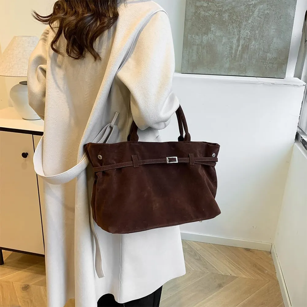 Suede Tote Bag for Women Slouchy Work Tote Bag Faux Suede Top Handle Bag Retro Brown Suede Handbag Purse